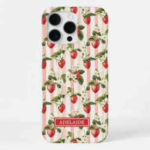 Funda Para iPhone 16 Pro Max Fresas acuarela en rayas monogramadas