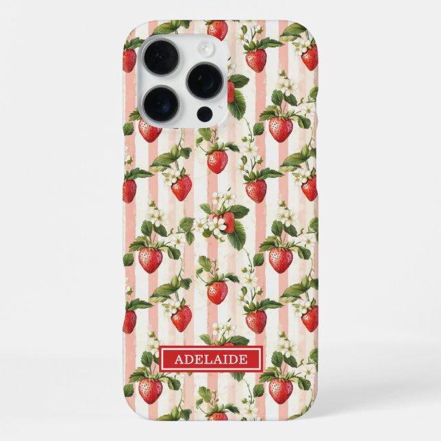 Funda Para iPhone Fresas acuarela en rayas monogramadas (Reverso )