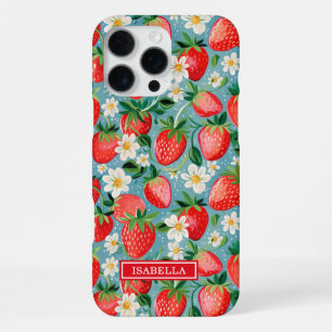 Funda Para iPhone 16 Pro Max Fresas acuarela sobre monograma azul