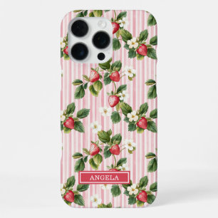 Funda Para iPhone 16 Pro Max Fresas acuarela sobre rayas rosadas