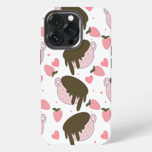 Funda Para iPhone 13 Pro Fresas De Chocolate Corazones Lindos Patrón Rosa 
