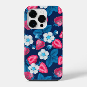 Funda Para iPhone 14 Pro Fresas rosadas sobre azul