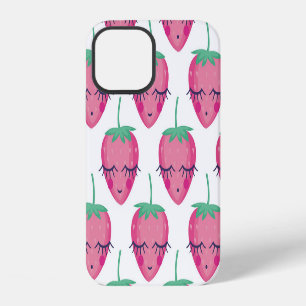 Funda Para iPhone 12 Fresas sonrientes durmiendo, patrón adorable.
