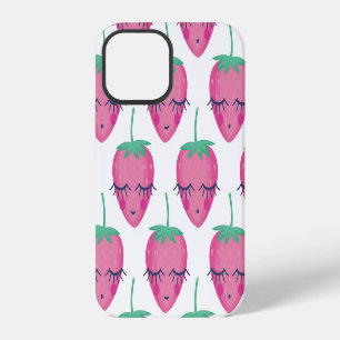 Funda Para iPhone 12 Fresas sonrientes durmiendo, patrón adorable.