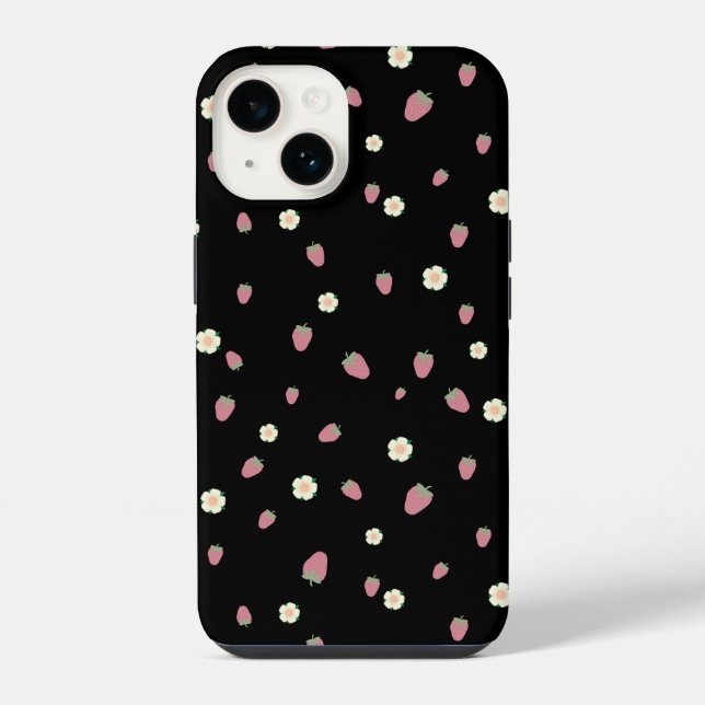 Funda Para iPhone Fresas y flores patrón negro (Reverso )