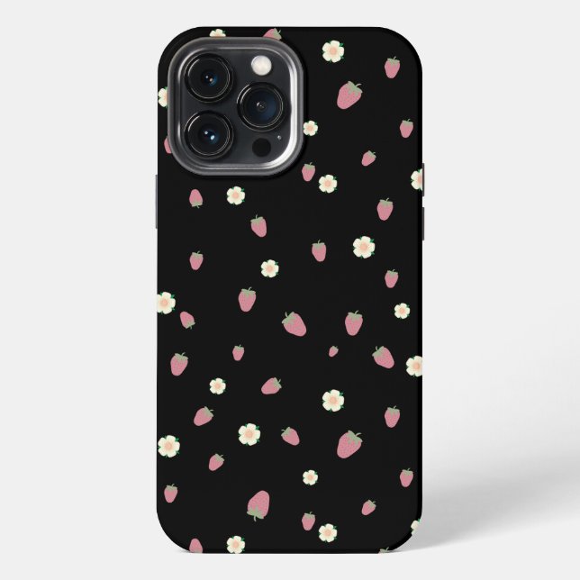 Funda Para iPhone Fresas y flores patrón negro (Reverso )