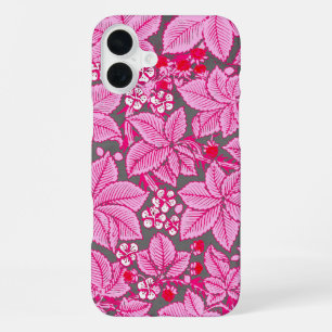 Funda Para iPhone 16 Plus Fresas y hojas Art Nouveau, rosa y gris