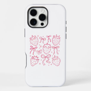 Funda Para iPhone 16 Pro Max Fresas y Lazos de Color Rosa Neón Diseño Kawaii