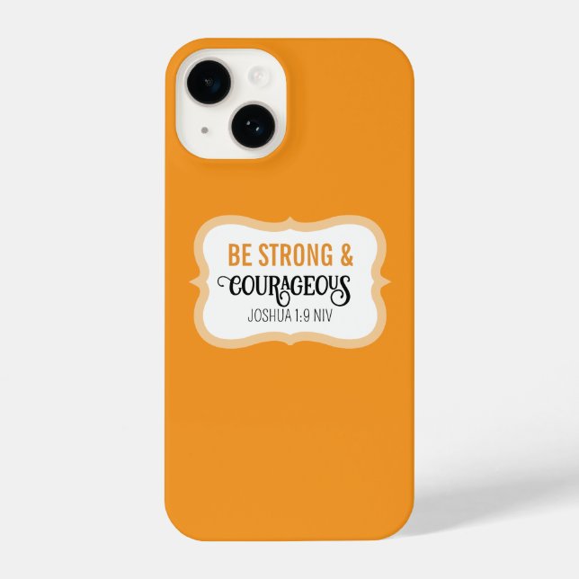 Funda Para iPhone Fuerte y Valiente Versículo Bíblico Simple Naranja (Reverso )