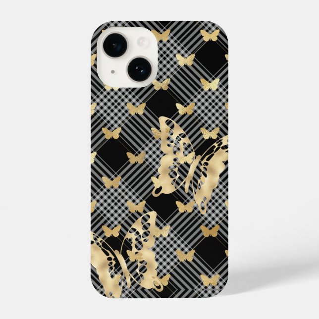 Funda Para iPhone Fundas de Black Plaid Golden Butterflies para iPho (Reverso )