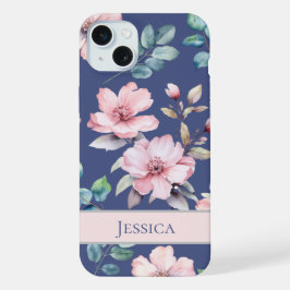 Fundas para teléfono azul flores rosadas rubor fem