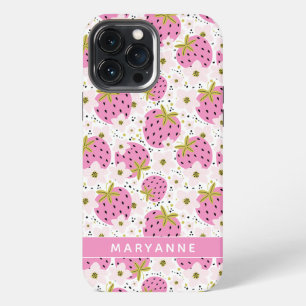 Funda Para iPhone 13 Pro Max Fundas para teléfono con fresas rosadas y nombre p