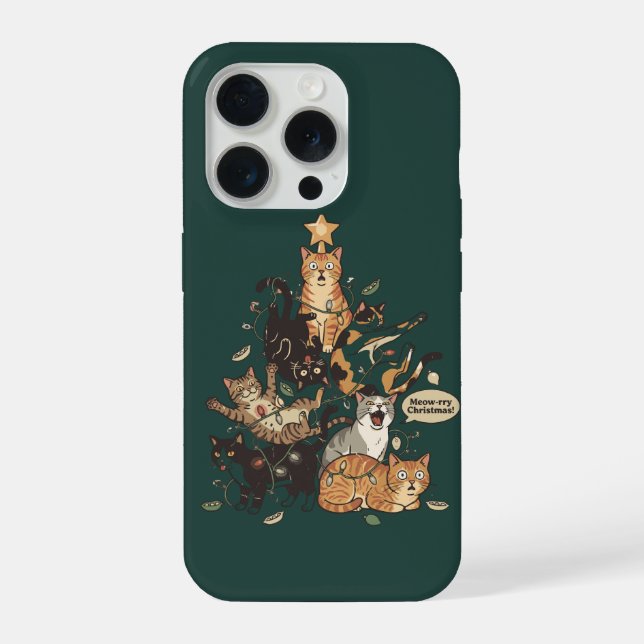 Funda Para iPhone Funny Cats Christmas Tree Tangled Lights Holiday (Reverso )