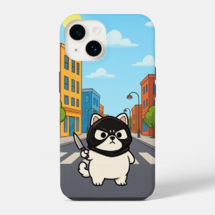 Funda Para iPhone 14 Funny Pegatina de gato blanco con máscara y cuchil