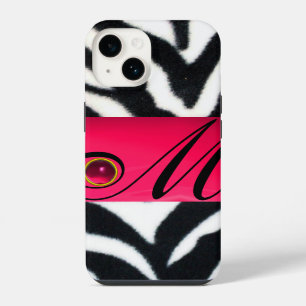 FUNDA PARA iPhone 14 FUR DE CEBRA NEGRO BLANCO  MONOGRAMA DE GEMA ROSA 
