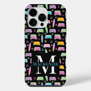 Funda Para iPhone 14 Pro Max Furgoneta Hippie Signo de Paz Monograma Trippy