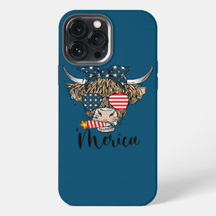 Funda Para iPhone 13 Pro Max Gafas de la bandera de EE. UU. de la vaca Highland