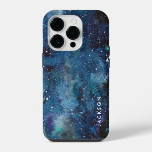 Funda Para iPhone 14 Pro Galaxia Espacio Estrellas Nombre Acuarela Azul