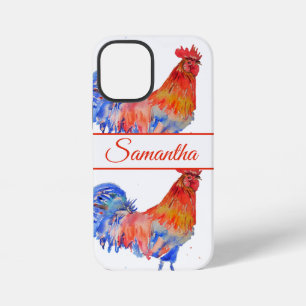 Funda Para iPhone 12 Mini Gallo Rojo Agua Azul Acuarela floral Teléfono