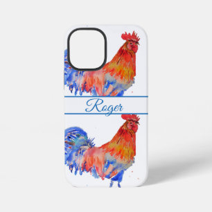 Funda Para iPhone 12 Mini Gallo Rojo Nombre de Hombre de Acuarela Azul