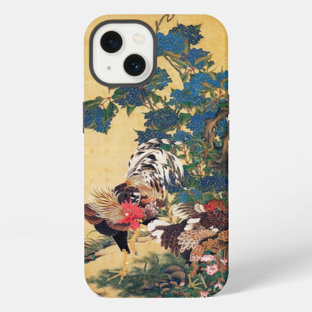 Funda Para iPhone Gallo y gallina con hortensias de Ito Jakuchu (Reverso )