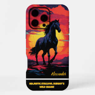 Funda Para iPhone 16 Pro Max Galopas de caballos negros al atardecer por las mo