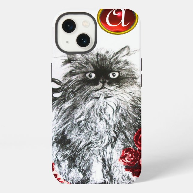 Funda Para iPhone GATITO CON ROSAS ROJAS RUBÍ GEM MONOGRAMA,blanco (Reverso )