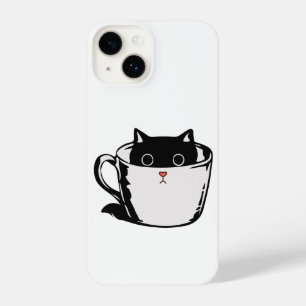 Funda Para iPhone 14 Gatito negro con nariz roja escondido en una taza