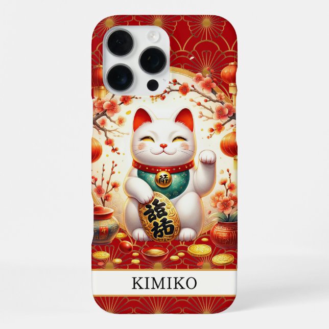 Funda Para iPhone Gato Afortunado Con Monograma Rojo Y Monedas De Or (Reverso )