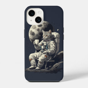 Funda Para iPhone 14 Gato Astronauta Tomando Taza de Café