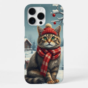 Funda Para iPhone 16 Pro Max Gato atigrado con atuendo y sombrero de invierno p