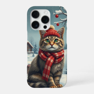 Funda Para iPhone 16 Pro Gato atigrado con atuendo y sombrero de invierno p