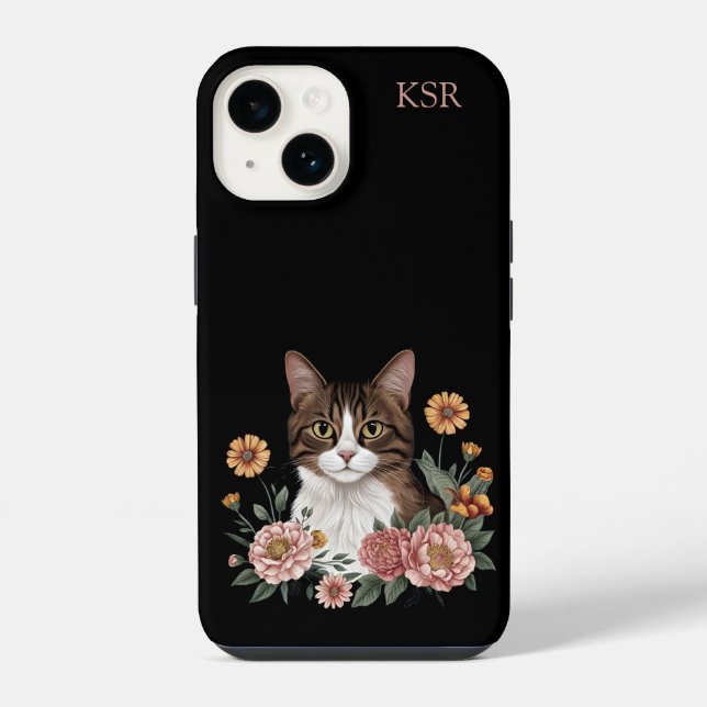 Funda Para iPhone Gato atigrado dulce con flores  (Reverso )