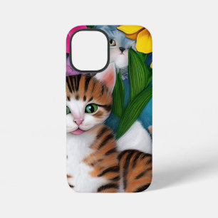 Funda Para iPhone 12 Mini Gato de arte popular caprichoso, gatito y flores