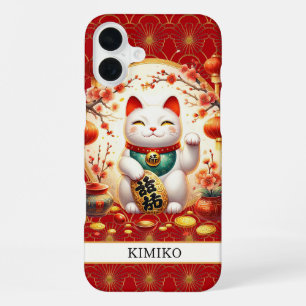 Funda Para iPhone 16 Plus Gato de la Suerte con Monograma Rojo y Monedas de 