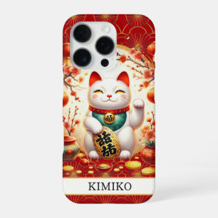 Funda Para iPhone 16 Pro Gato de la Suerte con Monograma Rojo y Monedas de 