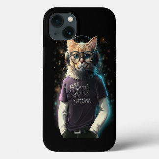 Gato en una camiseta, audífonos y gafas