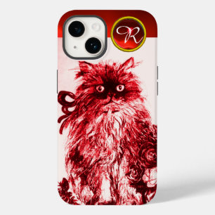 Funda Para iPhone 14 GATO KITTY - KITTEN CON Monograma ROJO Gemstone