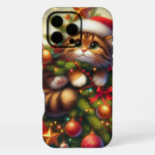 Funda Para iPhone 16 Pro Max Gato lindo y travieso en el árbol de Navidad