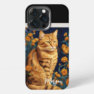 Funda Para iPhone 13 Pro Gato marrón lindo flores amarillas retrato Van Gog