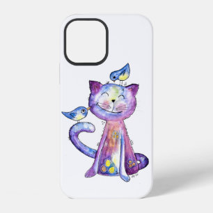 Funda Para iPhone 12 Gato Morado Caprichoso y Lindo con Pájaros
