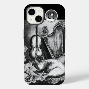 Funda Para iPhone 14 GATO MUSICAL, BÚHO, VIOLÍN, ARPA Negro Blanco Gris