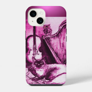 FUNDA PARA iPhone 14 GATO MUSICAL CON BÚHO EN GEMA PURPURA ROSA