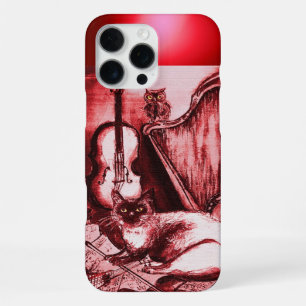 FUNDA PARA iPhone 16 PRO MAX GATO MUSICAL CON BÚHO EN GEMA RUBÍ ROJO