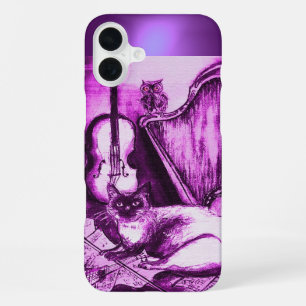 FUNDA PARA iPhone 16 PLUS GATO MUSICAL CON OWL EN GEM PURPLE ROSA