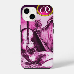 FUNDA PARA iPhone 14 GATO MUSICAL CON OWL EN MONOGRAMA DE GEM PURPLE RO