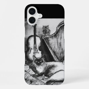 Funda Para iPhone 16 Plus GATO MUSICAL, OWL,VIOLIN,HARP Black White Gray Mus