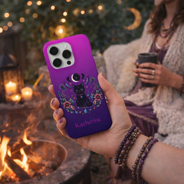 Funda Para iPhone Gato Negro Celestial Místico Rosa Púrpura (Subido por el creador)