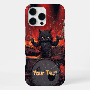 Funda Para iPhone 16 Pro Max Gato Negro Feroz Tocando la Batería Baterista Enoj