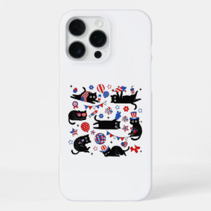 Funda Para iPhone 16 Pro Max Gato negro lindo bandera de EE. UU. fuegos artific